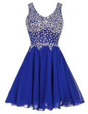  Royal Blue Zipper Prom Evening Gown Beading Sleeveless Knee Length
