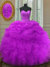 Gorgeous Fuchsia Ball Gowns Sweetheart Sleeveless Organza Floor Length Lace Up Beading and Ruffles and Pick Ups Sweet 16 Dress