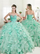 Modest Sweetheart Sleeveless Organza and Taffeta Quinceanera Gowns Beading and Ruffles Lace Up