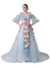 Sumptuous Half Sleeves Court Train Hand Made Flower Zipper Prom Gown