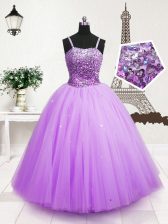 Fantastic Lavender Tulle Zipper Casual Dresses Sleeveless Floor Length Beading and Sequins