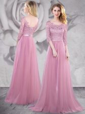 Exquisite Scoop Pink Tulle Lace Up Prom Gown Half Sleeves With Brush Train Lace and Ruching