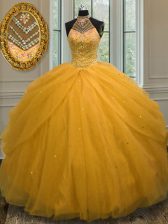  Halter Top Sleeveless Lace Up Quinceanera Dresses Gold Tulle