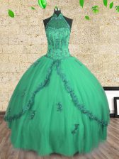  Halter Top Sleeveless Floor Length Beading Lace Up Quinceanera Dresses with Turquoise