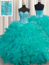  Turquoise Sweetheart Neckline Beading and Ruffles Sweet 16 Quinceanera Dress Sleeveless Lace Up