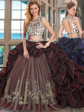 Sumptuous Scoop Cap Sleeves Organza and Tulle Quinceanera Gown Beading and Embroidery and Pick Ups Brush Train Backless