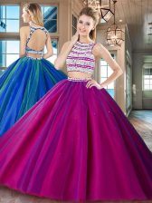  Scoop Floor Length Two Pieces Sleeveless Fuchsia Sweet 16 Quinceanera Dress Backless