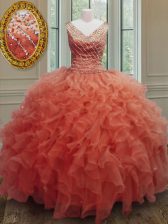  Floor Length Orange Red Ball Gown Prom Dress Organza Sleeveless Beading and Ruffles