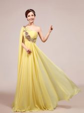  One Shoulder Sleeveless Homecoming Dress With Train Sweep Train Appliques and Ruching Light Yellow Chiffon