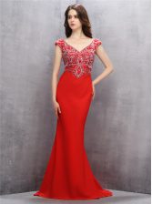 Pretty Mermaid Red V-neck Zipper Beading and Sequins Dress for Prom Sweep Train Sleeveless