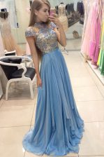  Scoop Cap Sleeves Sweep Train Zipper With Train Beading Prom Gown
