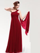  One Shoulder Sleeveless Floor Length Ruching Zipper Dress for Prom with Wine Red