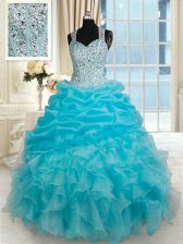 Glorious Pick Ups Straps Sleeveless Zipper Ball Gown Prom Dress Aqua Blue Organza