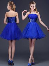 Custom Designed Strapless Sleeveless Dama Dress for Quinceanera Mini Length Beading and Ruching Royal Blue Organza