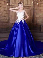 Artistic Elastic Woven Satin Scoop Sleeveless Court Train Lace Up Appliques Vestidos de Quinceanera in Royal Blue