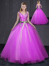  V-neck Sleeveless Lace Up 15 Quinceanera Dress Fuchsia Tulle