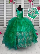 Custom Fit Appliques and Ruffled Layers Little Girl Pageant Dress Green Lace Up Sleeveless Floor Length
