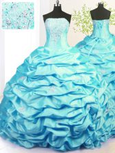 Charming Aqua Blue Strapless Lace Up Beading and Pick Ups Quinceanera Dresses Sweep Train Sleeveless