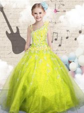  Floor Length Lace Up Kids Pageant Dress Yellow Green for Party and Wedding Party with Beading and Appliques and Hand Made Flower