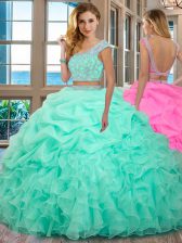 Fabulous Apple Green Scoop Neckline Beading and Ruffles Quinceanera Gown Cap Sleeves Backless