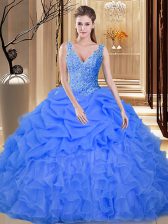  Pick Ups Ball Gowns Sweet 16 Dress Blue V-neck Organza Sleeveless Floor Length Backless