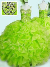  Spaghetti Straps Sleeveless Quince Ball Gowns Floor Length Beading and Ruffles Yellow Green Organza