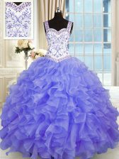  Purple Ball Gowns Beading and Appliques and Ruffles 15th Birthday Dress Lace Up Organza Sleeveless Floor Length