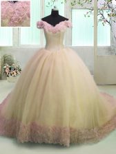 Extravagant Yellow Off The Shoulder Neckline Hand Made Flower Quinceanera Dresses Short Sleeves Lace Up