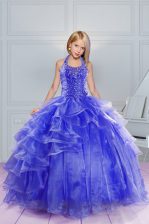 Cute Halter Top Sleeveless Little Girls Pageant Gowns Floor Length Beading and Ruffles Blue Organza