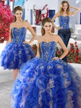 Super Three Piece Sweetheart Sleeveless Lace Up Vestidos de Quinceanera Blue Organza