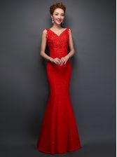  Mermaid Sleeveless Beading and Appliques Lace Up Evening Dress