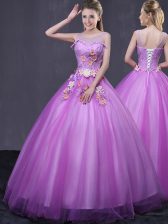 Custom Fit Scoop Tulle Sleeveless Floor Length 15 Quinceanera Dress and Beading and Appliques