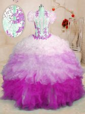 Pretty Organza Sweetheart Sleeveless Brush Train Lace Up Beading and Appliques and Ruffles Quinceanera Dress in Multi-color