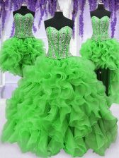Popular Four Piece Sleeveless Floor Length Beading and Ruffles Lace Up Quinceanera Dress