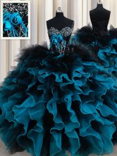  Black and Blue Ball Gowns Sweetheart Sleeveless Organza and Tulle Floor Length Lace Up Beading and Ruffles and Hand Made Flower Quince Ball Gowns