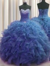  Beaded Bust Ball Gowns Quinceanera Dresses Blue Sweetheart Organza Sleeveless Floor Length Lace Up