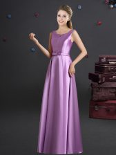 Straps Floor Length Zipper Damas Dress Lilac for Prom and Party and Wedding Party with Bowknot