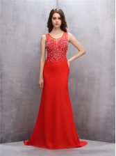  Mermaid Scoop Sleeveless Evening Dress With Brush Train Beading and Sequins Red Chiffon