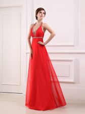  Halter Top Sleeveless Evening Dress Floor Length Beading Coral Red Chiffon