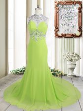Graceful Yellow Green Prom Evening Gown High-neck Sleeveless Brush Train Backless