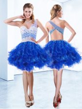 Classical One Shoulder Royal Blue A-line Beading and Ruffles Prom Gown Criss Cross Organza Sleeveless Knee Length