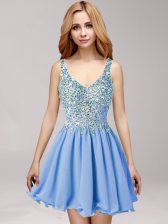 Fitting Straps Criss Cross Blue Sleeveless Beading and Ruffles Mini Length Prom Party Dress