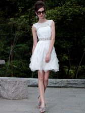  Scoop Mini Length White Homecoming Dress Organza Sleeveless Beading and Belt
