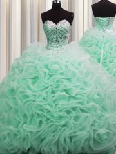 Custom Designed Rolling Flowers Brush Train Apple Green Lace Up Sweet 16 Quinceanera Dress Beading and Pick Ups Sleeveless Floor Length