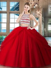 On Sale Red Two Pieces Scoop Sleeveless Tulle Floor Length Backless Beading and Pick Ups Ball Gown Prom Dress
