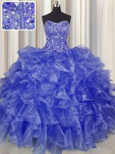  Visible Boning Blue Strapless Neckline Beading and Ruffles 15 Quinceanera Dress Sleeveless Lace Up