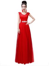  Empire Prom Evening Gown Coral Red Scoop Chiffon Cap Sleeves Floor Length Lace Up