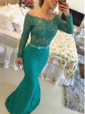  Mermaid Lace Green Long Sleeves Floor Length Beading Backless Evening Dress