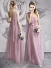  Lavender Dress for Prom Prom and Party with Ruching and Bowknot and Hand Made Flower One Shoulder Sleeveless Lace Up