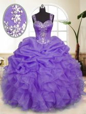 Enchanting Lavender Organza Zipper Quinceanera Gown Sleeveless Floor Length Beading and Ruffles and Pick Ups